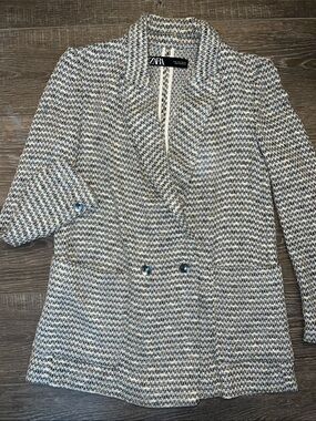 ZARA Cream, Black & Blue Tweed Double-Breasted Blazer